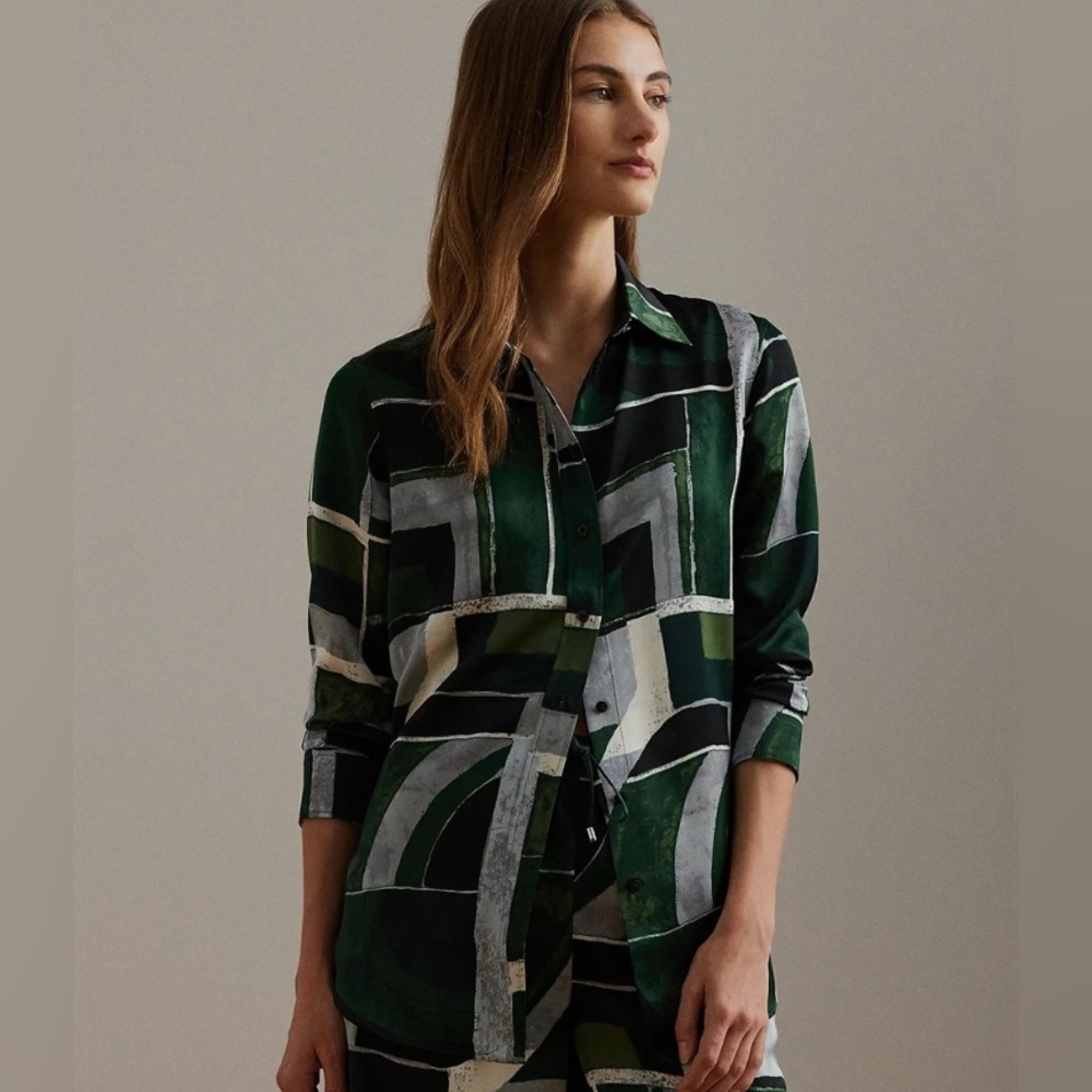 Lauren Ralph Lauren Geometric Green and Black Button-Up Shirt XXL